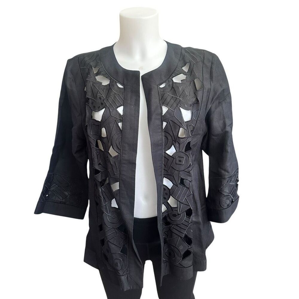 BOB MACKIE Black Linen Embroidered Cut Out Open Front Lightweight‎ Cardigan Sz M
